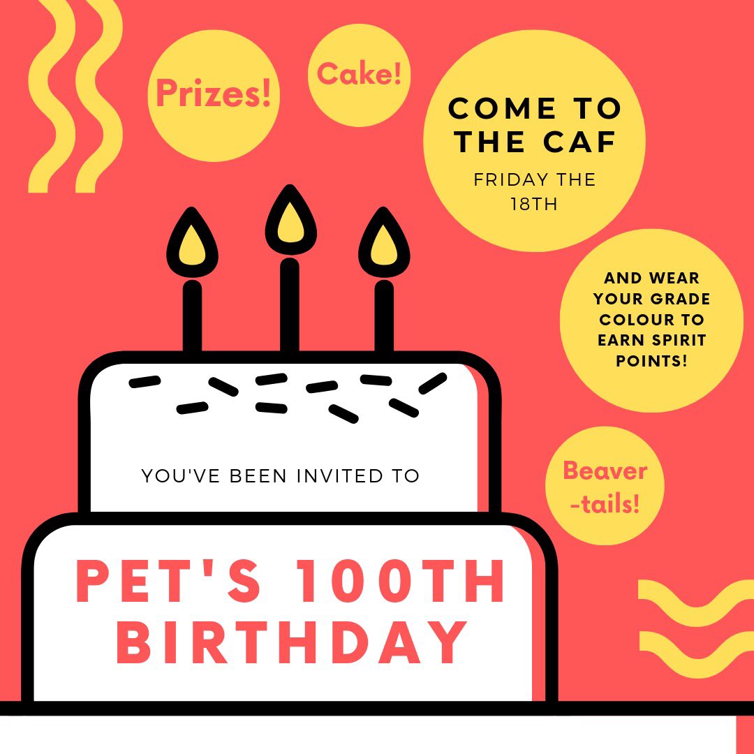Our namesake, Pierre Elliott Trudeau’s 100th birthday is THIS FRIDAY !! Bring a container and utensils for free cake, games, and a chance to win a prize !! Don’t forget to wear your grade colours to earn points for YOUR grade in battle of the grades !!