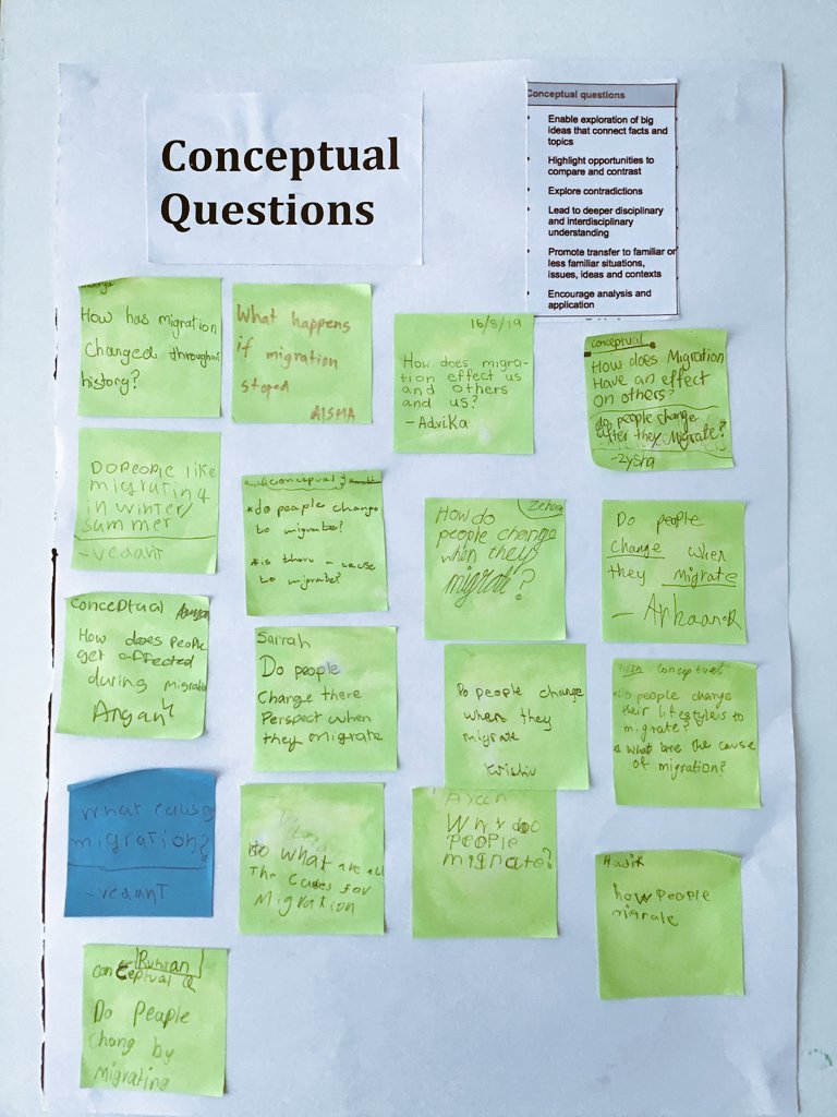 Archana31K's tweet image. Ss moving from factual to conceptual level of thinking.Concept based inquiry in action with students framing their own generalizations and reflecting on their unit on WWAIPT -Human Migration #conceptbasedlearning #ConceptualUnderstanding @carlamarschall @ProLearnInt