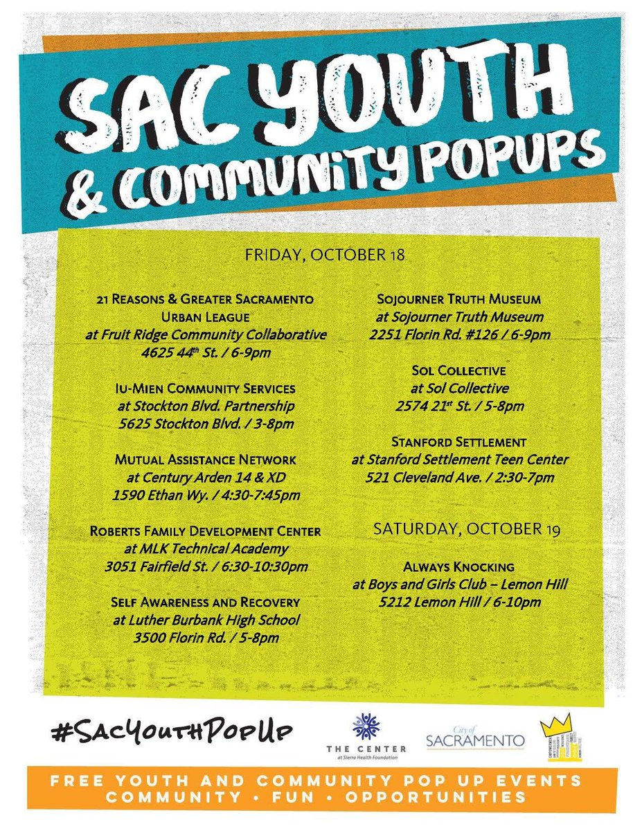 Get excited for this week's Youth and Community PopUps! #sacyouthpopup @gsul1968 <a href="/IuMienCommunity/">Iu Mien Community Services</a> <a href="/TheCityofSac/">City of Sacramento</a> <a href="/CityofSacNSD/">CityofSacNSD</a> <a href="/sojomuseum/">Sojourner Truth Museum</a> <a href="/solcollective_/">Sol Collective</a> <a href="/_RFDC/">RobertsFamily(RFDC)</a>