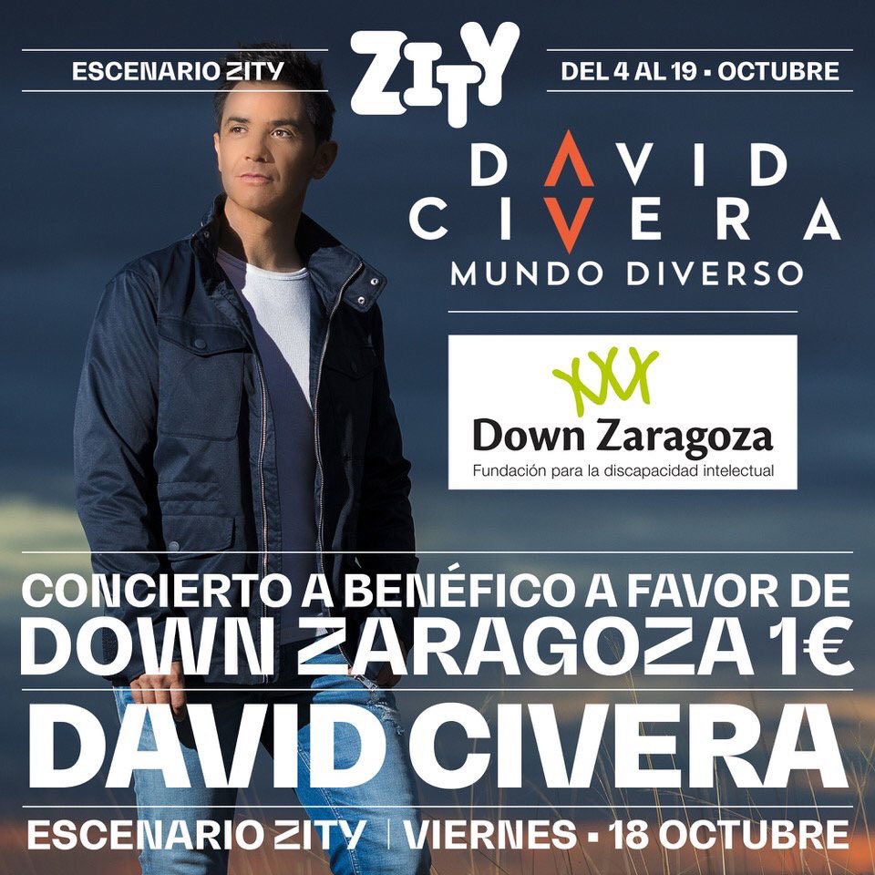 El viernes 18 a las 21.30hs tienes una cita con la solidaridad. Colabora con la Fundación <a href="/DownZaragoza/">Fundación Down Zgz</a> con tu entrada por 1€ para el concierto de <a href="/David_Civera/">David Civera</a> en #EspacioZity o colabora con la fila 0, si no puedes asistir.  
Fila 0: ES082 0081 7210 2100 0100 8909 / BSAB ESBB