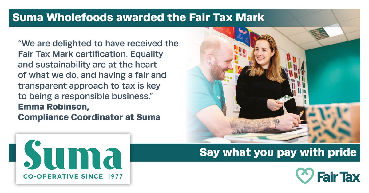 FairTaxMark's tweet image. Welcome to the Fair Tax Mark our latest organisation ⁦@SumaWholefoods⁩. 

Read the full story at fairtaxmark.net/suma-wholefoods