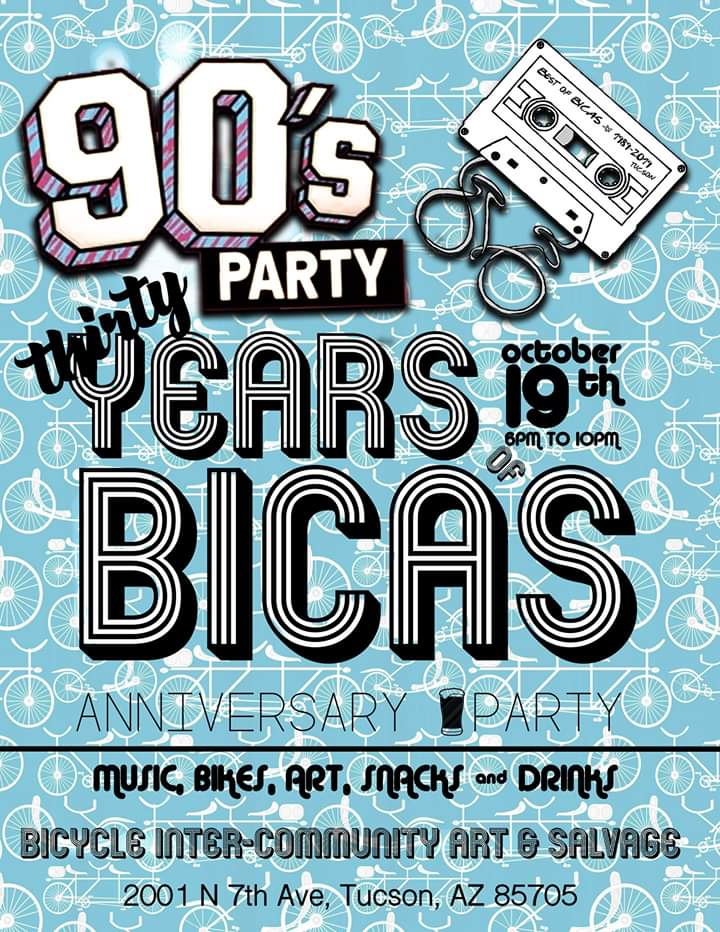 #BICAS is 30! Join us for a 90's-themed celebration on October 19th from 6-10pm with drinks, music, dancing, and some special activities! 90's flashback fashion! We wanna see you all here raising a glass together to 30 years of biking, wrenching, creativity, and community!