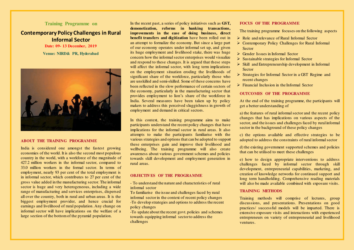 NIRDPR_India's tweet photo. #TrainingProgramme on Contemporary #Policy Challenges in #Rural #InformalSector to held at @NIRDPR_India during 9-13 December.
Ideal for Officials from Depts. of #RuralDevelopment, #DDUGKY, #NSDC, #NRLM, #SRLM, #SIRDs, #ETCs, #ATIs, #RSETIs & #EDIs https://t.co/6euyZ2JzoB