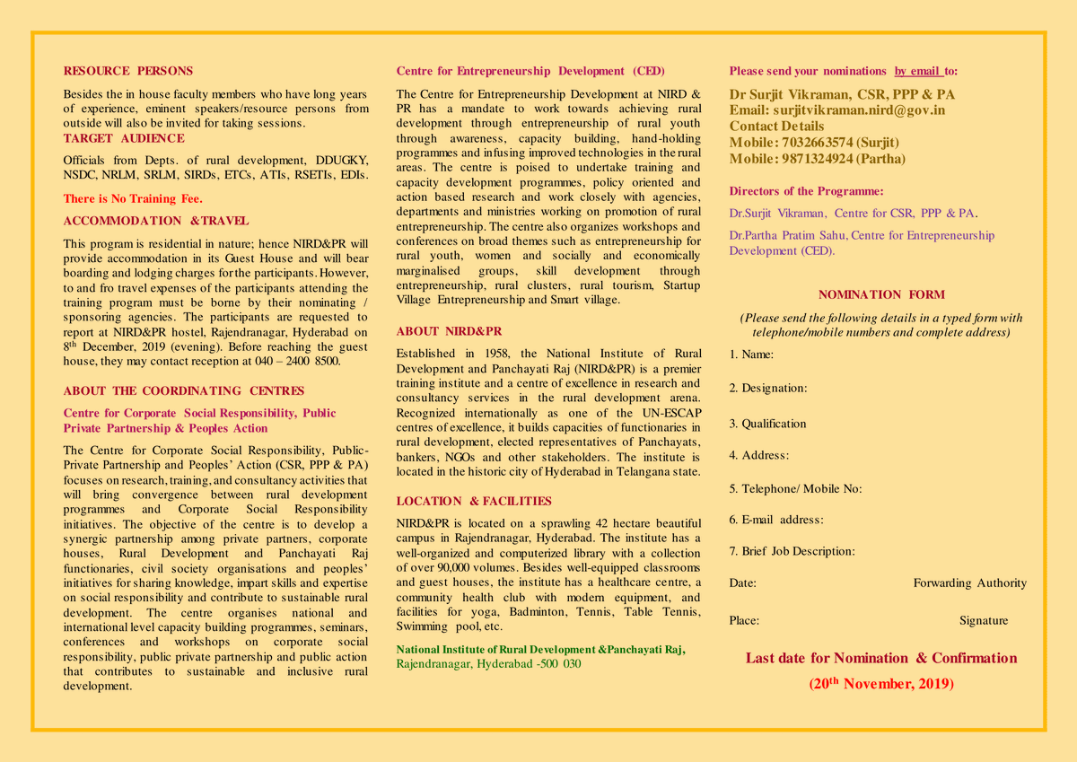 NIRDPR_India's tweet photo. #TrainingProgramme on Contemporary #Policy Challenges in #Rural #InformalSector to held at @NIRDPR_India during 9-13 December.
Ideal for Officials from Depts. of #RuralDevelopment, #DDUGKY, #NSDC, #NRLM, #SRLM, #SIRDs, #ETCs, #ATIs, #RSETIs & #EDIs https://t.co/6euyZ2JzoB