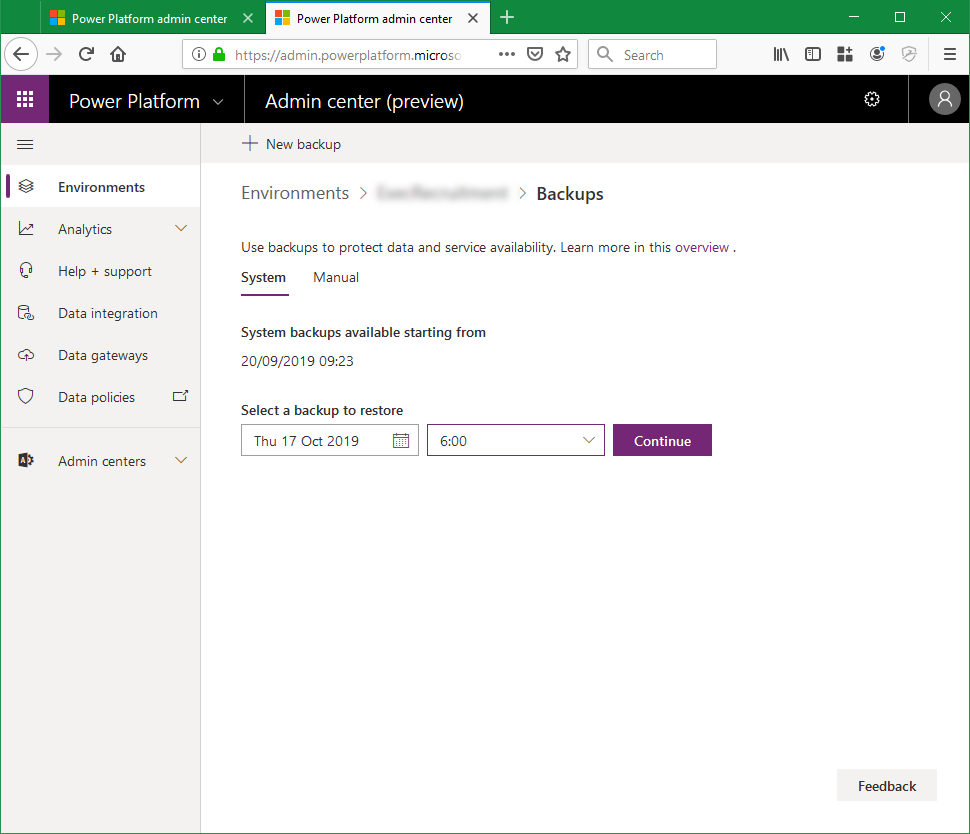 Noticed we can now restore PowerPlatform environments from 30 minute slots stretching back a month! #PowerPlatform