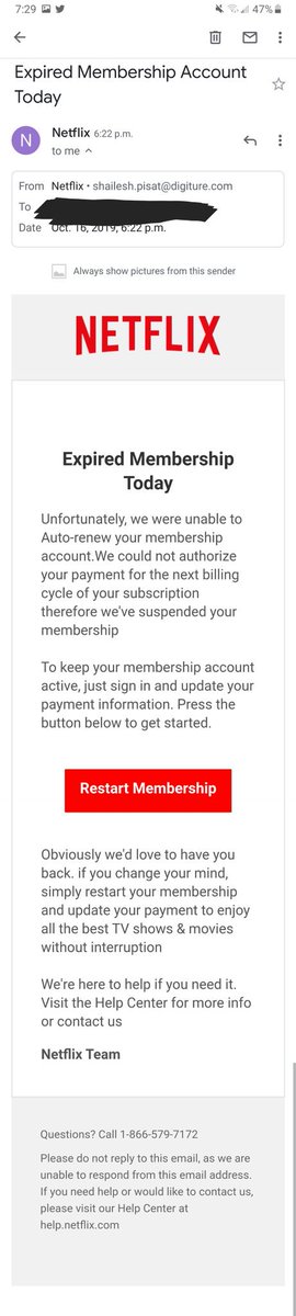 BlakeMLD's tweet photo. Just got a very convincing phishing attempt in my email. Only giveaway is that I don't use this email for @netflix. Be careful! https://t.co/QSxReNk8az