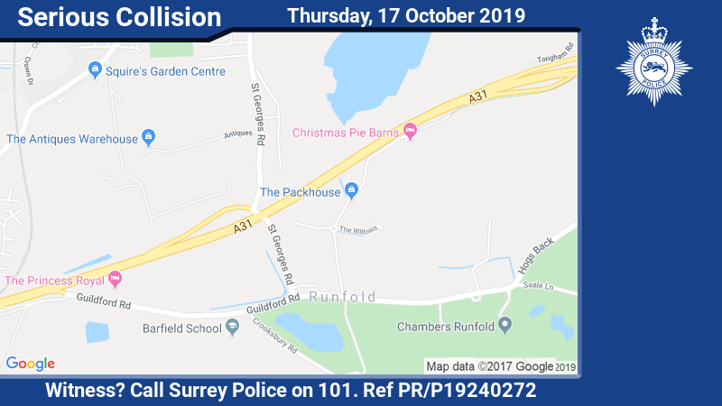 SurreyPolice's tweet photo. Witnesses sought after male moped rider sadly died following a multi-vehicle collision on A31 at #Runfold 9.35pm 16/10
Road will be closed for several hours+motorists advised to seek alternative route. Pls call 101 w/info. For more info click below
https://t.co/54MUHbQkWC https://t.co/jCHIVwsUkq