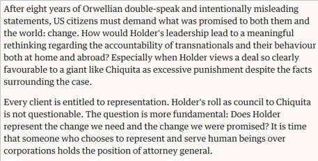 This is the guy Barry decided was the best choice for AG. AG or fixer? Who better to trust than someone you know has eggs in the basket and has something to loose. https://www.theguardian.com/commentisfree/cifamerica/2008/nov/25/attornery-general-eric-holder-chiquita