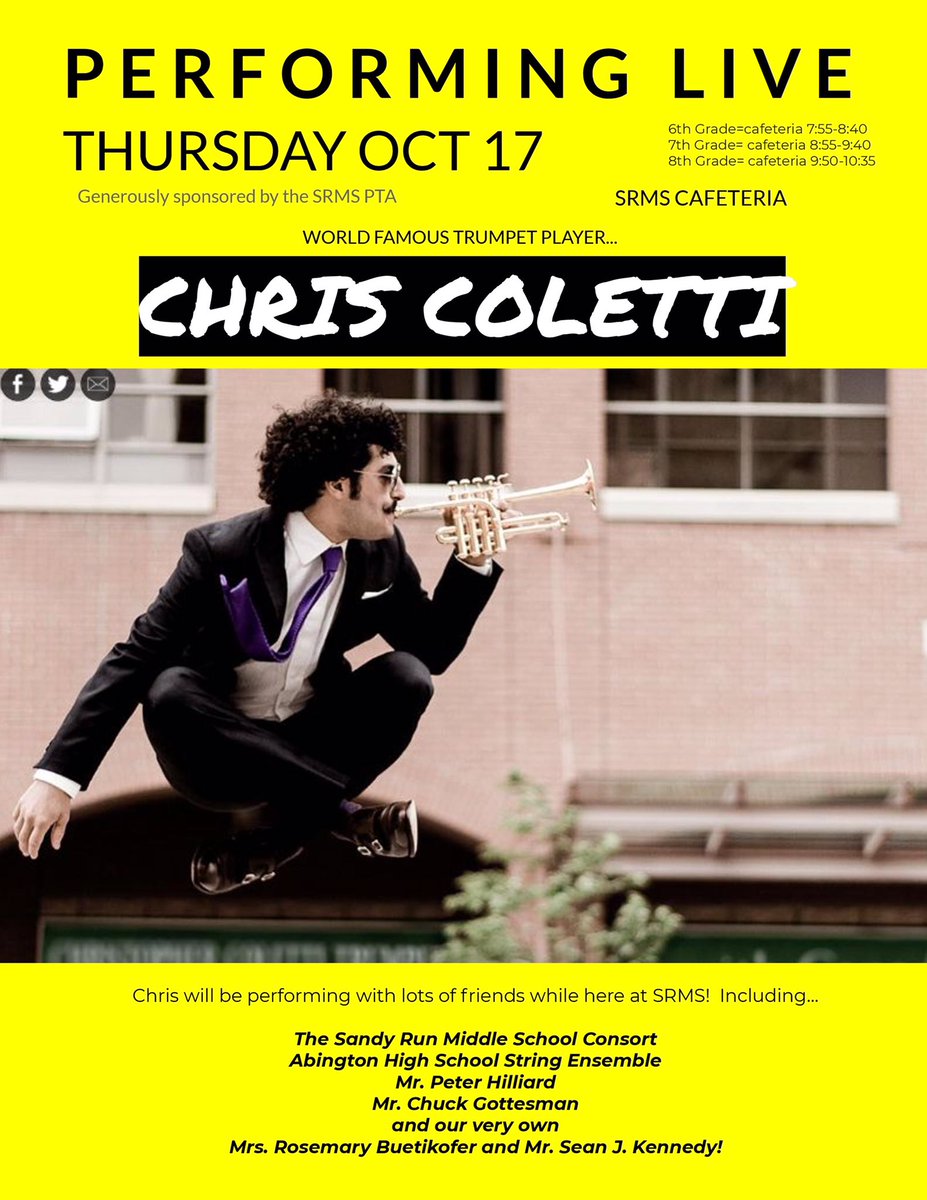 colettitrumpet's tweet photo. Excited about 3 back-to-back solo performances tomorrow at Sandy Run Middle School in Dresher, PA! Many thanks to @sjkdrums for making this happen, as well as the SRMS PTA for sponsoring! Music by #Gershwin,#harryJames, #thebeatles, #theflashmob and #NilsFrahm ! #trumpet https://t.co/2Oqs30WUhD