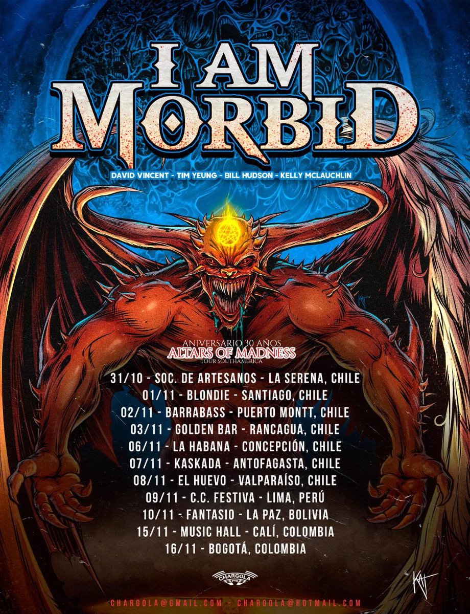 David Vincent (@the_dvincent) on Twitter photo Final dates for #SouthAmerican Tour... October 31st - November 16th! #Chile, #Peru, #Bolivia & #Columbia. ¡Esperamos verlos a todos muy pronto! <a href="/THE_DVincent/">David Vincent</a> <a href="/TimYeung666/">Tim Yeung</a> <a href="/billhudsongtr/">Bill Hudson</a> <a href="/EvilKell/">Kelly McLauchlin</a> #KeepingTheMorbidLegacyAlive <a href="/ChargolaPro/">Chargola Pro.</a> Final dates for #SouthAmerican Tour... October 31st - November 16th! #Chile, #Peru, #Bolivia & #Columbia. ¡Esperamos verlos a todos muy pronto! <a href="/THE_DVincent/">David Vincent</a> <a href="/TimYeung666/">Tim Yeung</a> <a href="/billhudsongtr/">Bill Hudson</a> <a href="/EvilKell/">Kelly McLauchlin</a> #KeepingTheMorbidLegacyAlive <a href="/ChargolaPro/">Chargola Pro.</a>