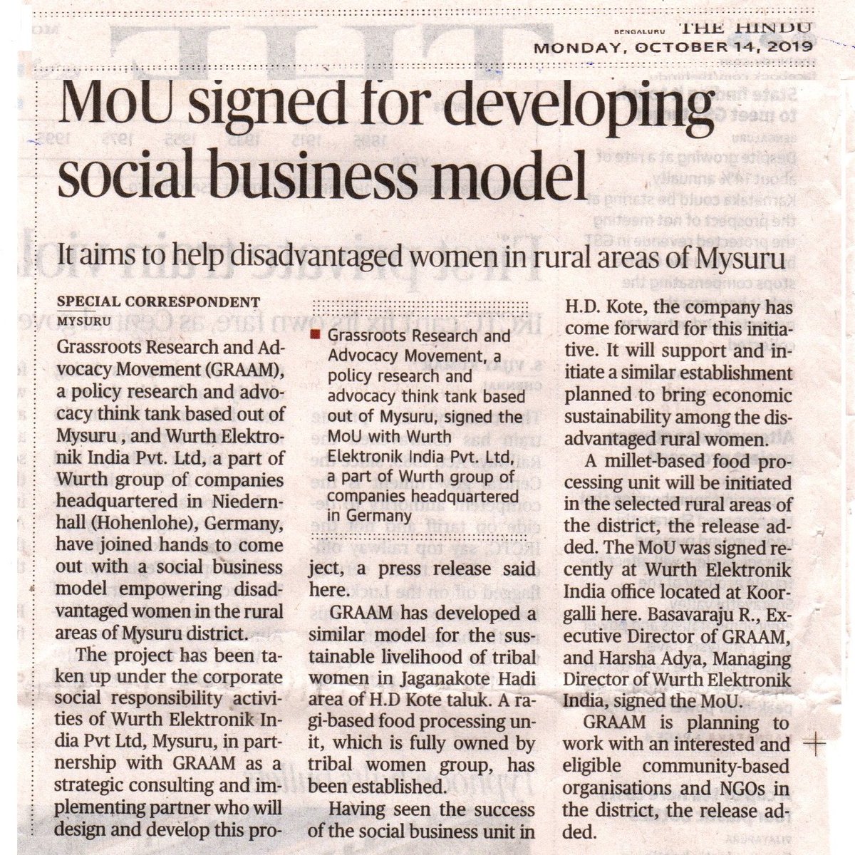 graamresearch's tweet photo. GRAAM in News!
Wuerth Elektronik-GRAAM signs MoU for rural livelihood initiative to empower disadvantaged women.
#womenempowerment
#rurallivelihood
#ruraleconomy
@r_basavaraju
#CSRpartnership
#CSRfordevelopment https://t.co/x4SA6ySnpF
