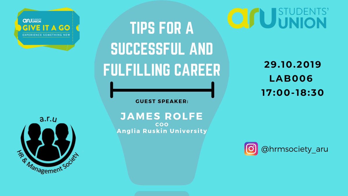 Hrm_aru's tweet photo. Next event —> The COO of Anglia Ruskin University, James Rolfe  is going to be talking about some important tips for a successful and a fulfilling career... everyone is welcome to come to this event (don’t miss it 🤩).
#ARU #angliaruskinuniversity  #HR #hrmanager  #hrm_Society https://t.co/qcgwW9SboE