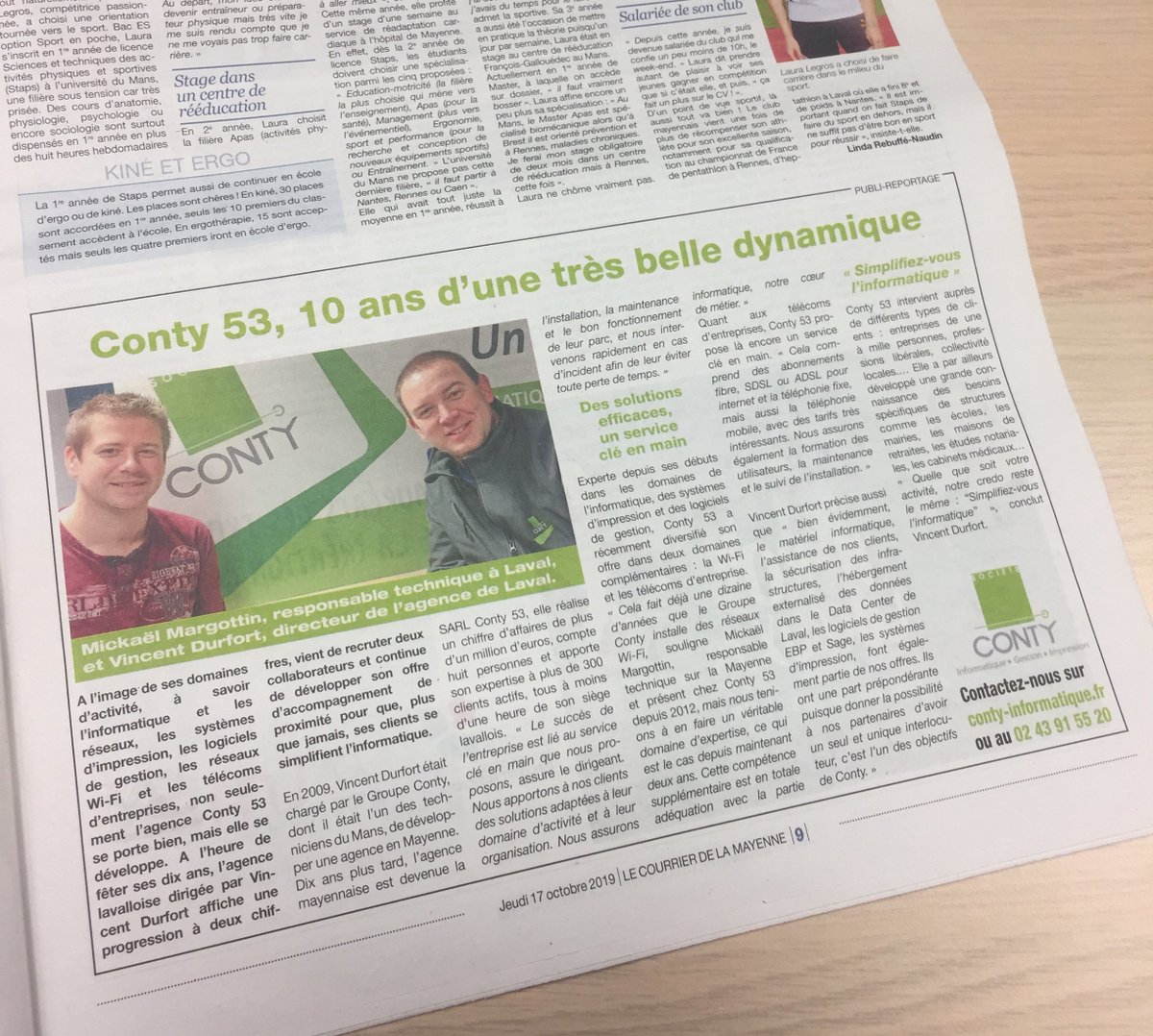 EtsConty's tweet photo. --- 10 ans Conty 53 ---
Article dans le Courrier de la Mayenne du jour !
Avec @VincentDurfort & Mickael Margottin
👍👍
#Courrierdelamayenne @lamayenne #EtsConty #Anniversaire https://t.co/sKQoo1eWus