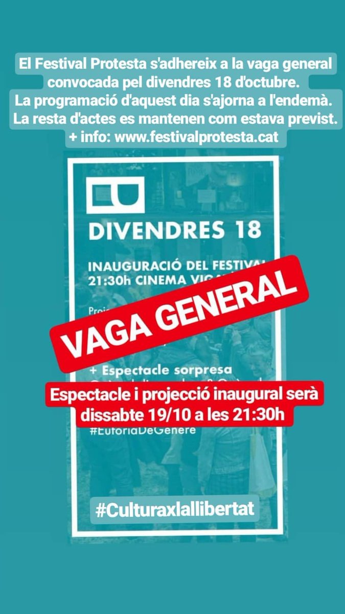 araulaura's tweet photo. Des del @FProtesta ens adherim a la vaga general de demà i per això hem alterat la programació retrassant un dia l'inici del festival. A partir de dissabte Vic es convertirà en ciutat protesta! Has de venir!

#OctubreProtesta
#VicCiutatProtesta
#Protesta2019 https://t.co/DJvyNQTZWC