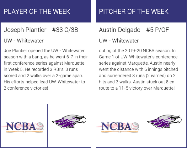 UWWClubBaseball's tweet photo. Congrats to @Joe_Plant_  and @AustinDelgado18 for NCBA Great Lakes West Player and Pitcher of the week honors! https://t.co/HJEpbzLd8w