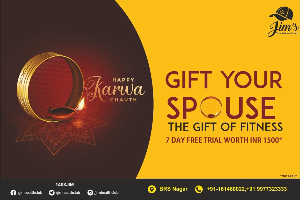 jimhealthclub's tweet image. This Karvachauth gift your spouse the Gift of Fitness. Get a 7 day free trial card for your spouse worth INR 1500.

Team Jim's wishes all of you a Happy Karvachauth.

#jims #fasttips #askjim #howtofast #karvachauth #ludhiana #brsnagar #fitness #likeforlikes