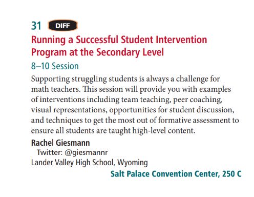 If you are at the <a href="/NCTM/">NCTM</a> Salt Lake City Regional Conference and want to learn more about math intervention for secondary schools come and see my session at 9:30 on Thursday morning. I am excited to share our school's work with you. #NCTMSLC19