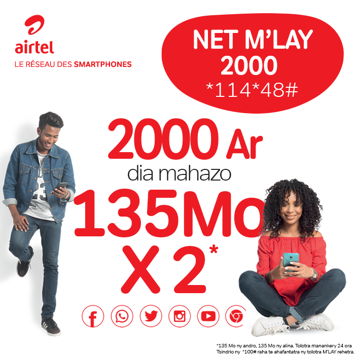airtelmg's tweet photo. Découvrez l'offre net Ml'ay qui vous permet de surfer en toute liberté à partir de 100 Ariary. Pour Net M'lay 2000, composez *114*48# 
👉 270Mo/validité 24h. #AirtelM'lay #NetM'lay https://t.co/WaLt7wEHzR