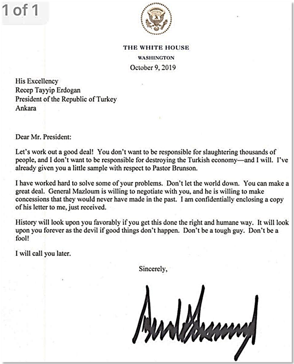 elcsakarya's tweet photo. Here is the letter #Trump wrote to #Erdogan along with it's Turkish translation which Trump handed out copies of it at today's meeting in  a possible attempt to show everyone how tough he'd been with #Turkey. https://t.co/YpkmlLcKXN