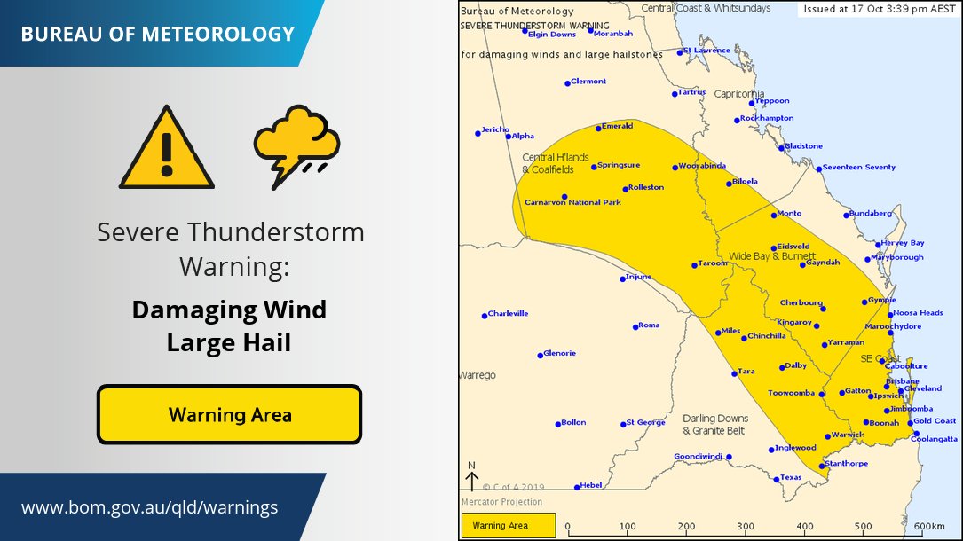 BOM_Qld's tweet photo. ⚠️ WARNING continues for gusty storms moving into #SEQld now. Some large hail in cells on the Downs and Granite Belt. Keep an eye on the radar this arvo! #QldStorm https://t.co/JwfeKaqb0P https://t.co/K928OwP640
