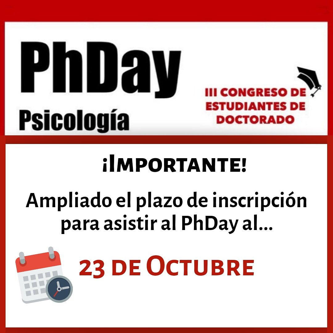 Breaking news!! Ampliamos el plazo de inscripción al próximo  miércoles 23 de Octubre!

Os esperamos 😊

#phdaypsicologia2019 #psicologia #doctorado #octubre  #InscripcionesAbiertas