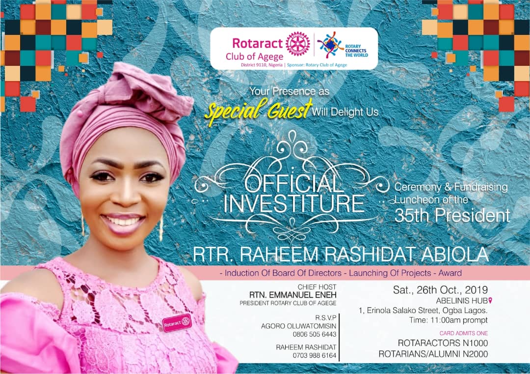 AgegeRotaract's tweet photo. 09 Days To Go
Make it a day with us!!!
Installation per excellence..
#Rotagege
#35thInvestiture
@OjoduRc @RotaractD9110ng @RotaractD9125NG @Celebrityconst1 @47PLUX https://t.co/IaOYSPl0kO