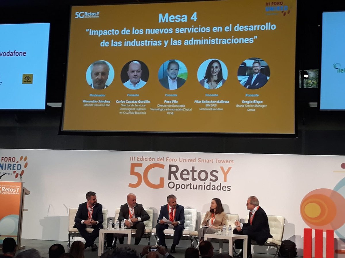 UNIREDasoc's tweet photo. Mesa 4: Impacto de los nuevos servicios en el desarrollo de industrias y administraciones.
Pilar Belichón Ballesta de @IBM_ES, Pere Vila de @rtve, Sergio Bispo de @LexusSpain y Carlos Capataz de @CRE_SDigitales
Modera: Wenceslao Sánchez , @TelecomCLM
#ForoUNIRED #smarttowers #5G https://t.co/5CRzSx2rlF