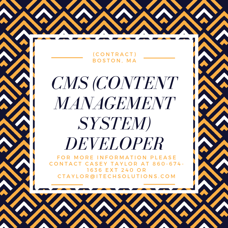 iTechSolutions_'s tweet image. We are looking for a CMS (Content Management System) Developer for a Contract position in Boston, MA
bit.ly/2MGmzbm
#CMSDeveloper #CMSjobs