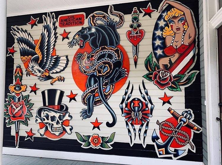 HOLY MOLY! This larger than life #tattooflash sheet adorns The American Tradition Tattoo’s shop wall.