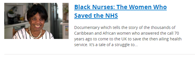 ccculibrary's tweet photo. "Black Nurses: The Women Who Saved the NHS" a documentary about the thousands of Caribbean and African women who answered the call 70 years ago to come to the UK to save the then ailing health service. Day 21 of #BHM2019 on #BoxOfBroadcasts
https://t.co/6m8ONKLUO1
@HealthLib_cccu https://t.co/6fugUs8ryZ
