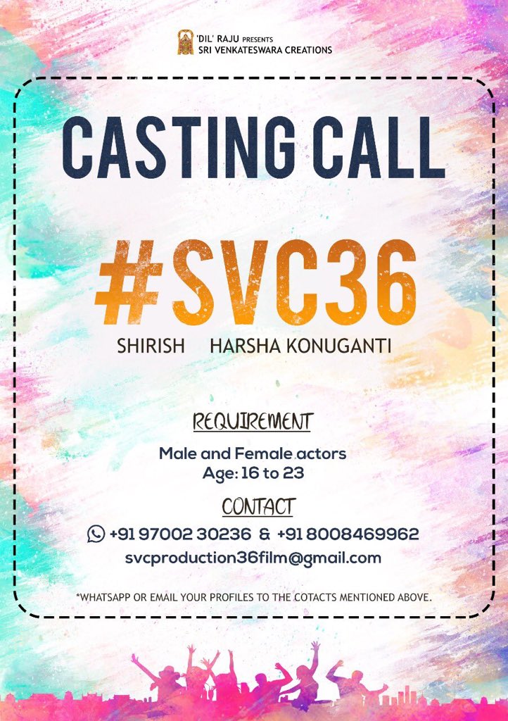 Overseasrights's tweet photo. #Castingcall for #SVC36.
Produced by #DilRaju and Shirish. Directed by Harsha Konuganti.
@SVC_official https://t.co/0i1tTNowdb