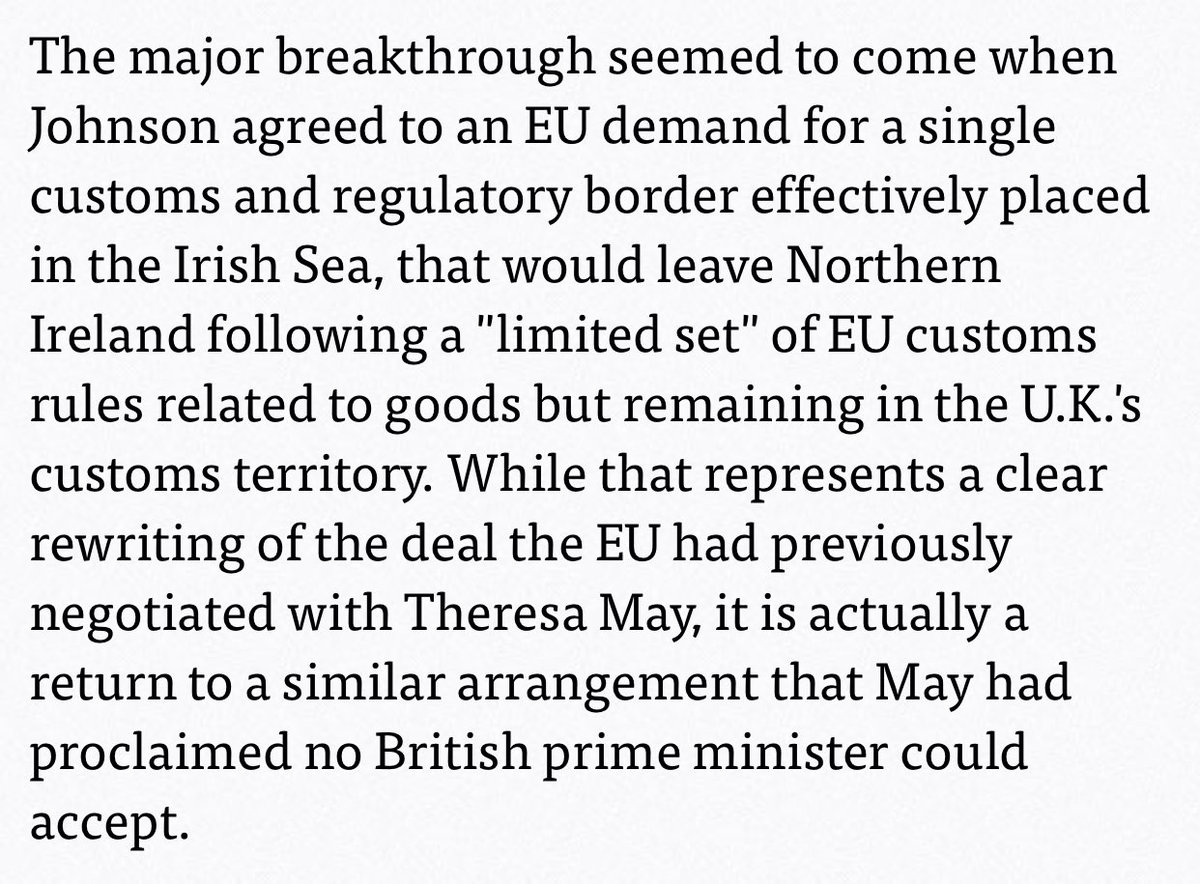 politicoryan's tweet photo. EU and UK have new Brexit deal ... one that is pre-rejected by two key UK parties, is based on a system Theresa May previously said no UK govt could accept, and which gives a veto power to a Northern Ireland govt that hasn’t existed for 1,004 days. 🤔https://t.co/vbLYOZQFHe https://t.co/2SJqVe9D88