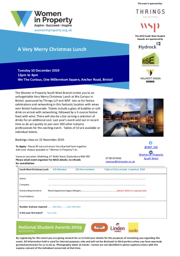 WiP_SW's tweet photo. Have you booked your place on our XMAS LUNCH on 10th Dec? It’s one not to miss - thanks to spons @WSP_UK &amp; @ThringsLaw - this year is biggest yet! Enjoy fantastic views over the harbourside from the roof terrace of @wethecurious_ ! See flyer #Xmas #property #networking https://t.co/hkifdTgdtE