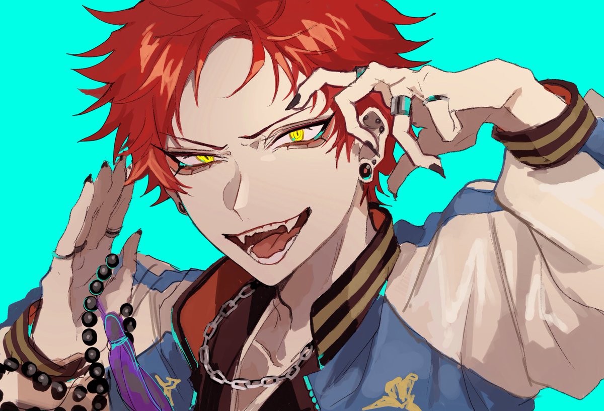 male focus 1boy jewelry ring yellow eyes solo red hair  illustration images
