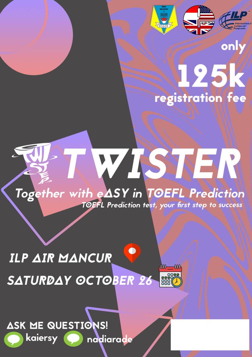 hey everyone! TWISTER a.k.a Together with eASY in TOEFL Prediction is coming back to y'all once again💅😌 For more information please look down below✨ We're waiting for your participation!