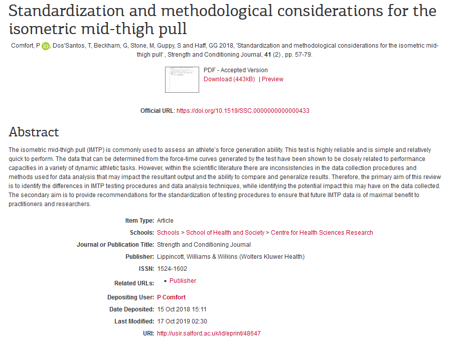 OpenResSalford's tweet photo. 🔓"Standardization and methodological considerations for the isometric mid-thigh pull" is now #openaccess in #usir #isometricstrength #posture #research https://t.co/BhGvXWqYeK https://t.co/Boj8MTa1eT