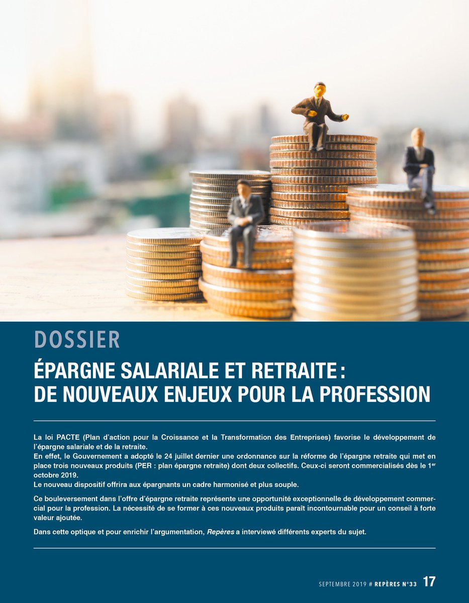 Epargne salariale et retraite : de nouveaux enjeux pour la profession. Retrouvez notre dossier dans Repères, le magazine de la <a href="/ChambreNCGP/">CNCGP</a>. cncgp.fr/uploads/R%C3%A… <a href="/JEROMEDEDEYAN/">JEROME DEDEYAN</a> Mathieu Chauvin <a href="/eres_group/">Eres</a> <a href="/DGTresor/">Direction générale du Trésor</a> <a href="/alanversin/">Anne de Lanversin</a> <a href="/GENERALI/">Generali Group</a> #LoiPacte #PER #retraite