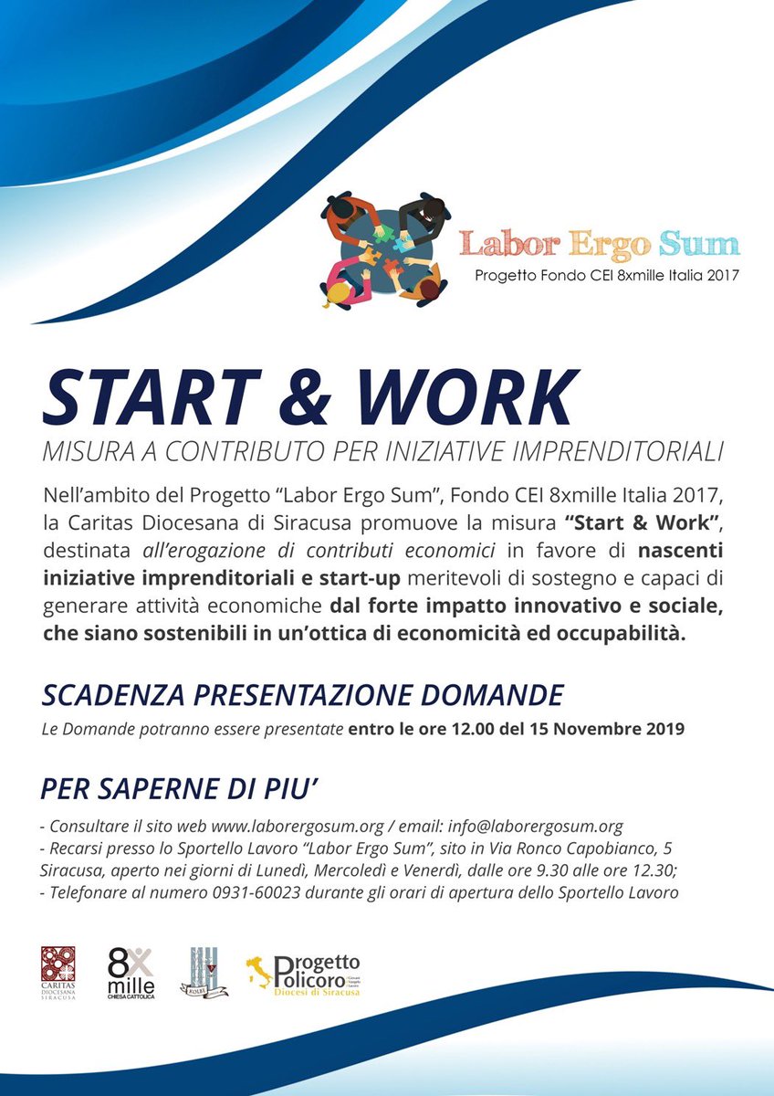 caritassr's tweet photo. Progetto Fondo CEI #8xmille #LaborErgoSum, online il bando “Start&Work”, misura pensata per finanziare iniziative imprenditoriali è sviluppata da @caritassr #ProgettoPolicoroSr ed Associazione Padre Massimiliano Maria #Kolbe ONLUS https://t.co/tCI7zzDllE