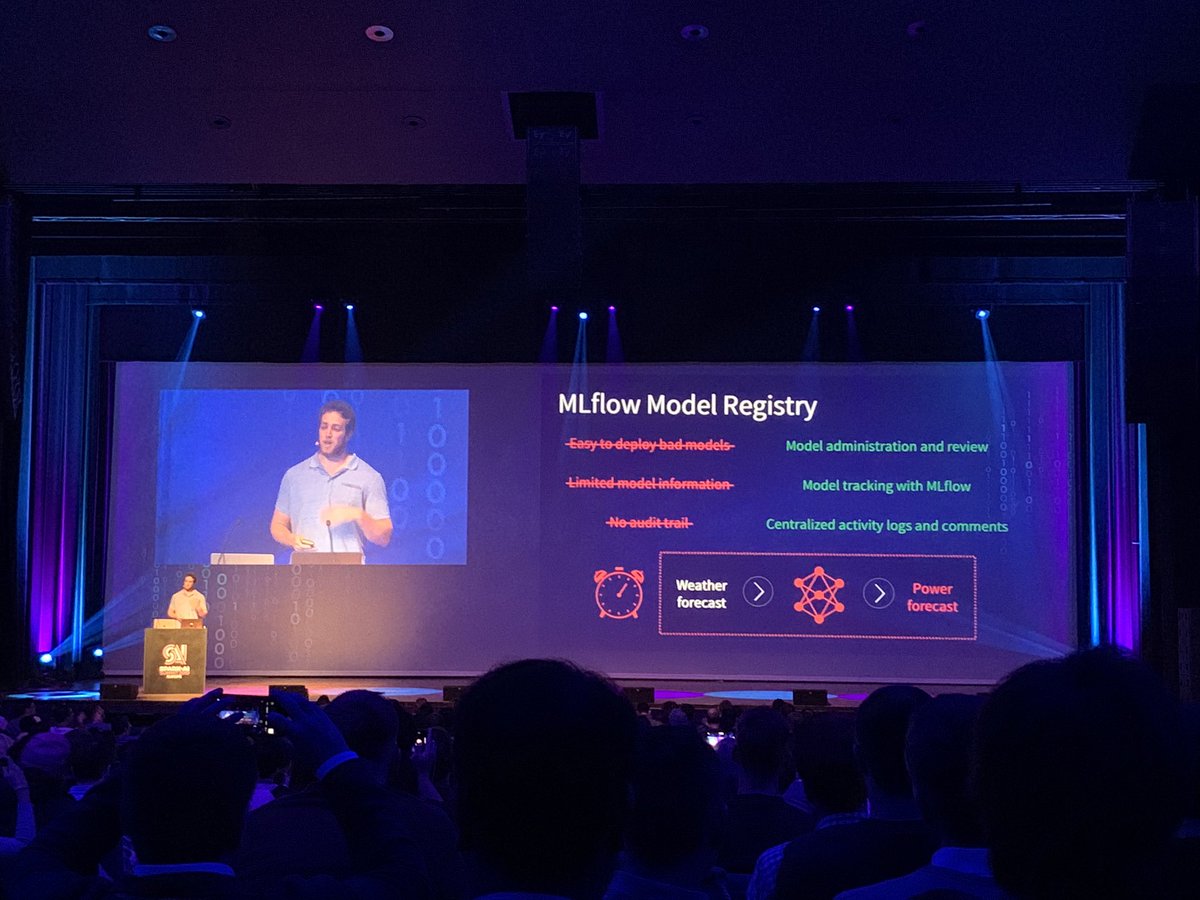 linnoinen's tweet photo. Day 2 keynotes @SparkAISummit, @databricks’ Corey Zumar saving the planet with MLflow and the Model Registry 👏🏻 #SparkAISummit https://t.co/ogRZ5P4i91