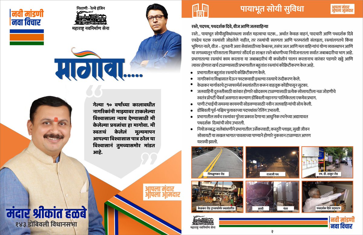 mandarhalbe1's tweet photo. राजाजी पथ येथे गेली १० वर्ष नगरसेवक म्हणून कार्यरत असताना माझ्या विभागाच्या विकासासाठी मी जे काही काम केले आहे त्याचा लेखाजोखा या कार्यअहवालाच्या रूपाने मी आपल्यासमोर मांडत आहे.
.
.
#आपलाआमदार #आपलामंदार #मंदार #नवीमांडणी #नवाविचार #डोंबिवली #महाराष्ट्रविधानसभानिवडणूक https://t.co/06ZMEvi57i