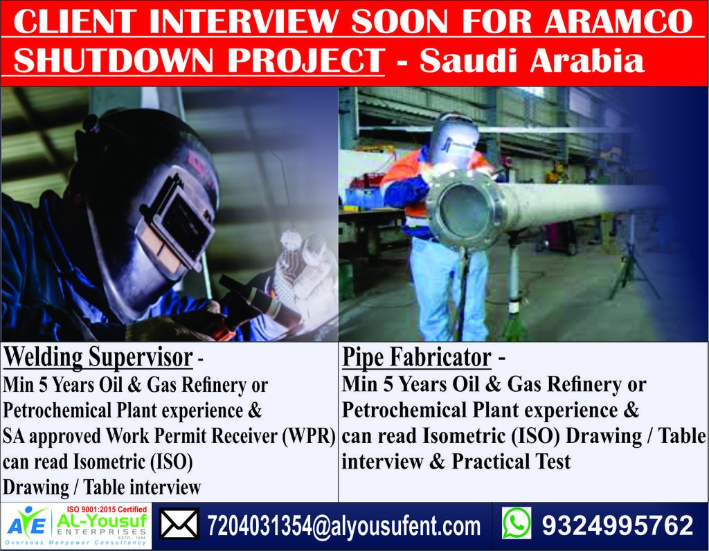 alyousufjobs's tweet photo. HR06 #CLIENT_INTERVIEW SOON FOR #ARAMCO #SHUTDOWN_PROJECT #SAUDI_ARABIA
 
Interested apply to email - 7204031354@alyousufent.com

#AlYousufGulfJobs #Hiring #Recruiting #Manpower #Gulf #Europe #JobsinGulf #PMOIndia #MEAIndia #ANI #NEWSANDNRI https://t.co/PyPjy19Sbl