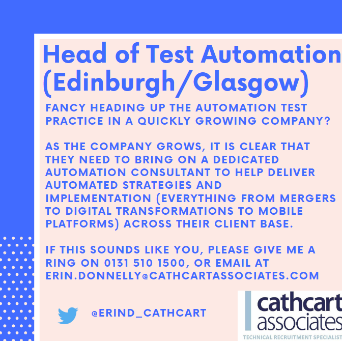 _erinrecruits's tweet photo. Looking for a Head of Test Automation (previous hands-on automated experience required). 

Edinburgh/Glasgow location, 70k - 90k.  

#test #tester #testmanager #headoftest https://t.co/nxhT3VPKLk