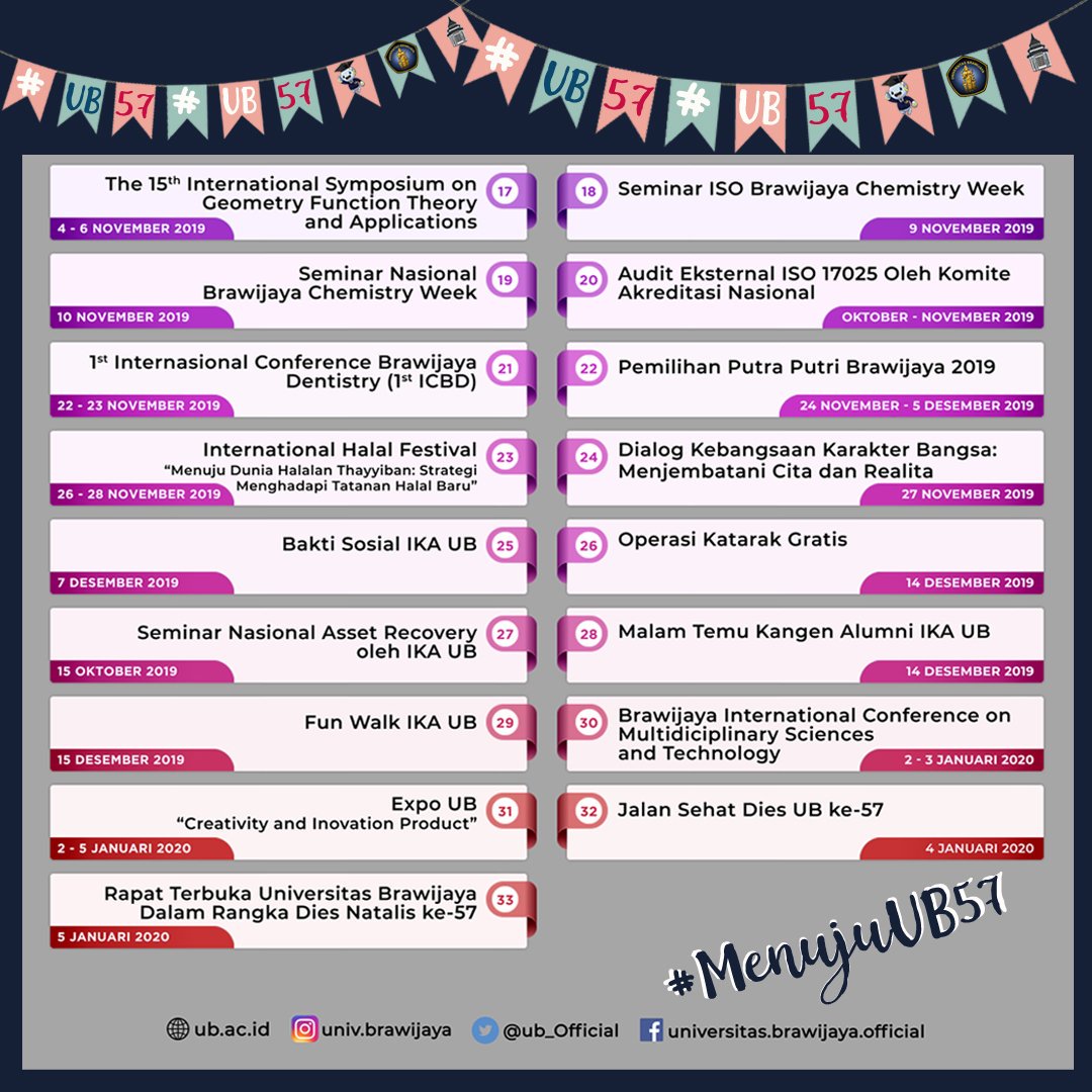 UB_Official's tweet photo. Yuhuu! Agenda Dies Natalis ke-57 #KampusUB versi lengkap sudah dirilis.

Yuk, ikut meriahkan, #TemanUB!

#UniversitasBrawijaya #KampusUB #MenujuUB57 #MenujuUBMaJu #DiesNatalis57UB https://t.co/O6w7uU1NpA