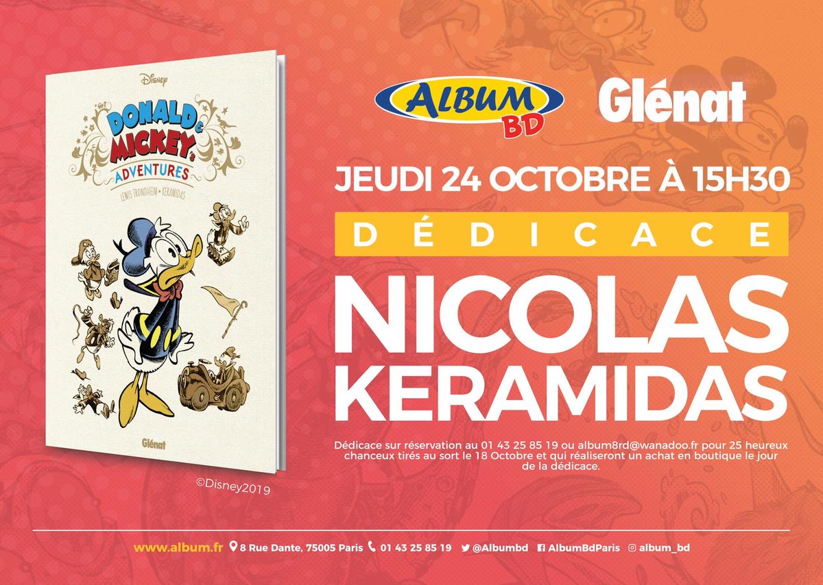 AlbumBd's tweet photo. Séance de dédicace le Jeudi 24 Octobre à 15h30 de #NicolasKeramidas pour la sortie du coffret #Donald #Mickey scénarisé par @lewistrondheim et publié chez @GlenatBD 

Dédicace sur réservation, n’hésitez pas à contacter votre boutique préférée! https://t.co/O3HzuQ5oW3