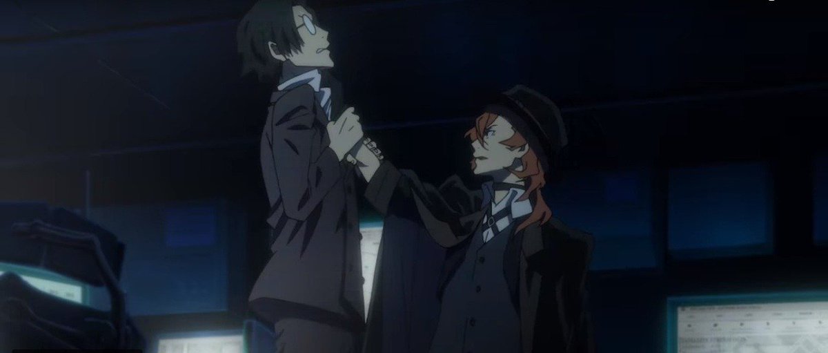 Chuuya had confessed to a waitress who was in love with Ango. He challenged Ango to a fight but after seeing their height differences, backed out and decided to punch the air a meter away from Ango. Both were super drunk at the time. It's perhaps their funniest conflict.