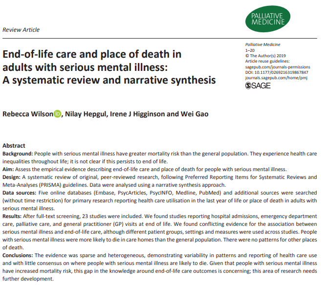 PalliativeMedJ's tweet photo. Some of the assumptions for what represents good end-of-life care in the general population may not be transferable to people with serious mental illness. #hpm #hapc https://t.co/snr8FYNX9P https://t.co/XIrEpwnJ3y