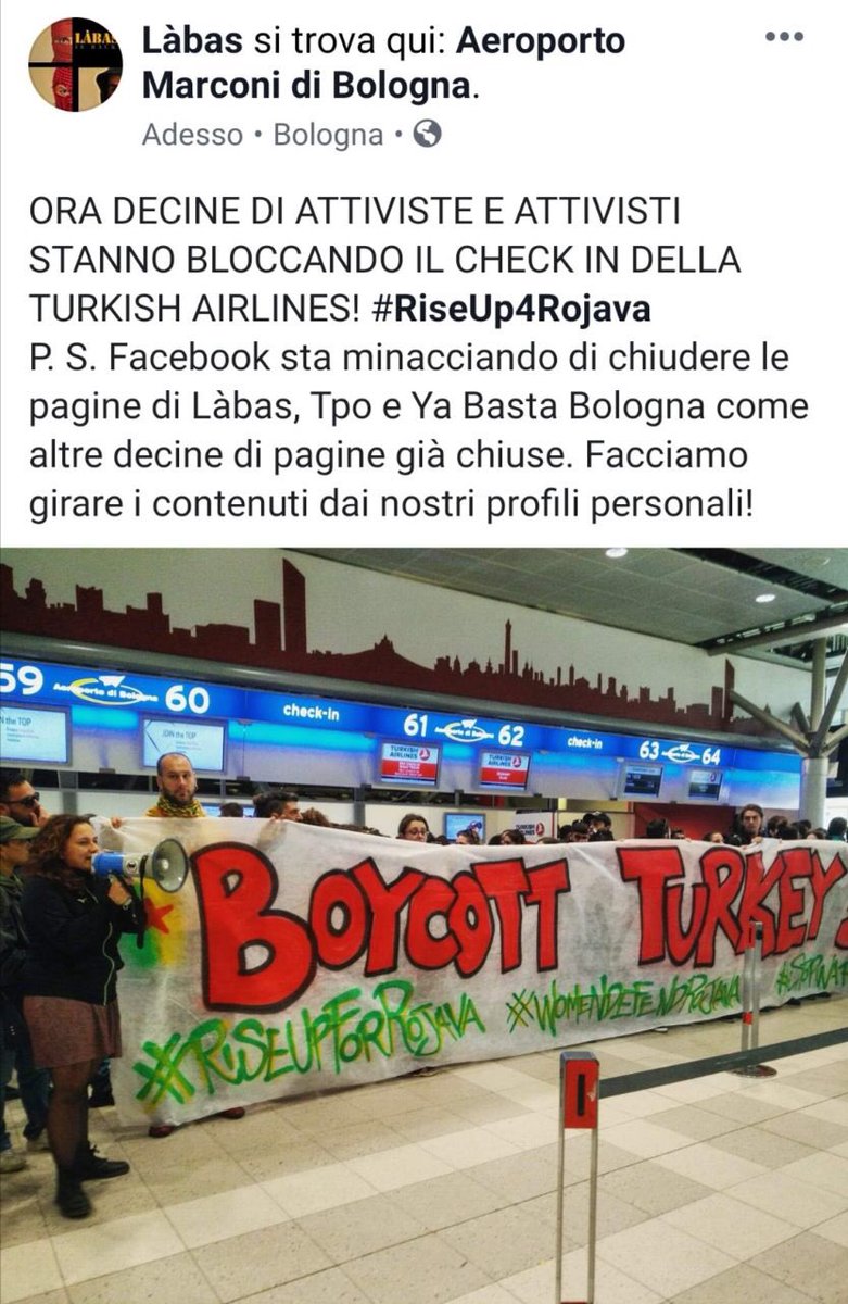 YaBastaBologna's tweet image. Oscurate le pagine Facebook di Labas, TPO e nostra durante l’iniziativa di oggi in aeroporto a #Bologna cercate i profili TPO 2 e Labas 2 #censura #riseup4rojava