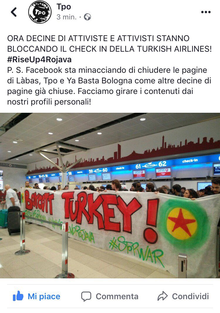 YaBastaBologna's tweet image. Oscurate le pagine Facebook di Labas, TPO e nostra durante l’iniziativa di oggi in aeroporto a #Bologna cercate i profili TPO 2 e Labas 2 #censura #riseup4rojava