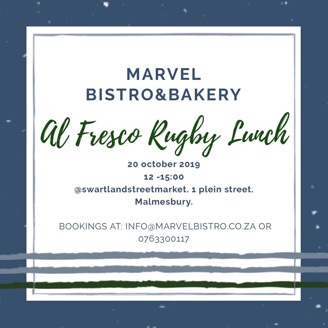 Come join us for Sunday rugby lunch at the #swartlandstreetmarket

A lovely spread of real South African food by Marvel Bistro&amp;Bakery Malmesbury
R200/person - starters, mains with salads, vegetables, roast potatoes, pumpkin fritters, dessert, and of course - the big screen Rugby.