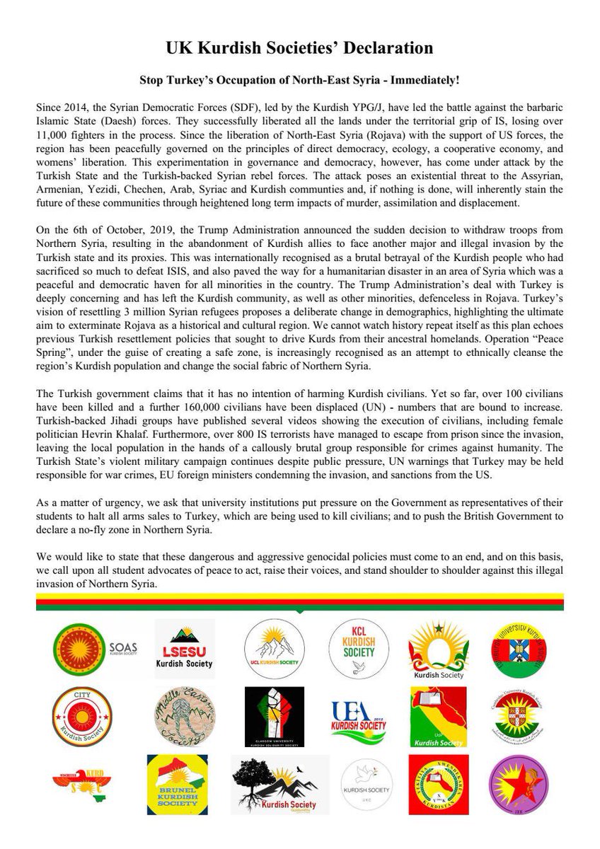 lsekurds's tweet photo. A collective statement from UK Kurdish Societies.
#riseup4rojava #KurdishGenocide #UKKurdishsocieties #stopturkeysinvasion #Rojava #Kurds https://t.co/EdCo7M7uHu